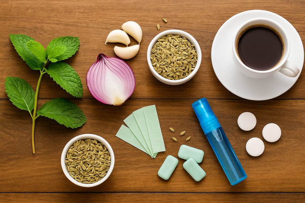 Fresh mint leaves with onion, garlic, coffee, fennel seeds, strips, spray, and gums on wooden surface