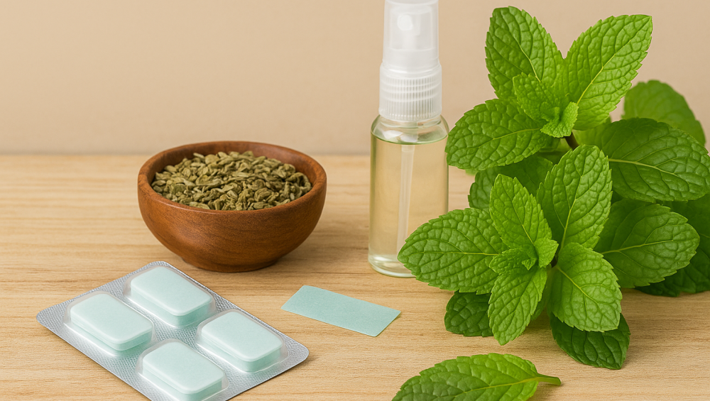 Mint mouth freshener with mint leaves, strips, spray bottle, and herbal seeds on a wooden surface