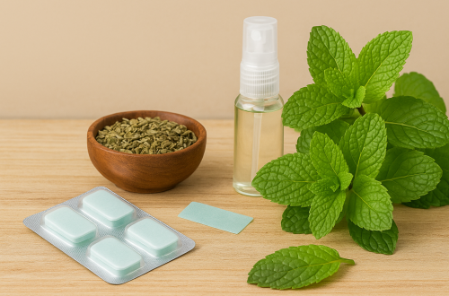 Mint mouth freshener with mint leaves, strips, spray bottle, and herbal seeds on a wooden surface