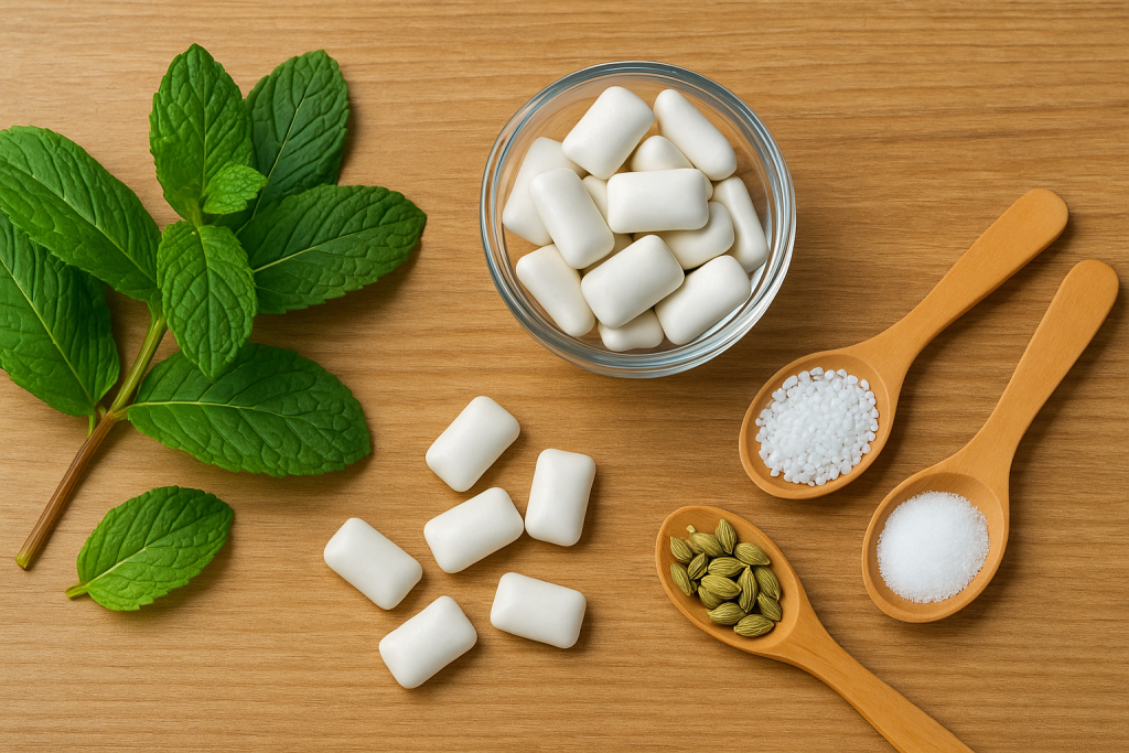 Fresh mint leaves with chewing gums, fennel seeds, and sweeteners on wooden surface