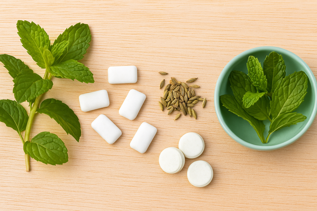 Fresh mint leaves with sugar-free gums, fennel seeds, and lozenges on wooden surface