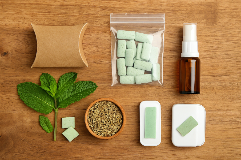 Eco-friendly mint mouth fresheners with mint leaves, herbal seeds, strips, spray, and recyclable packaging on wooden surface