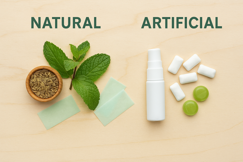 Natural vs artificial mint mouth fresheners with mint leaves, fennel seeds, strips, spray, gum, and candies on wooden surface