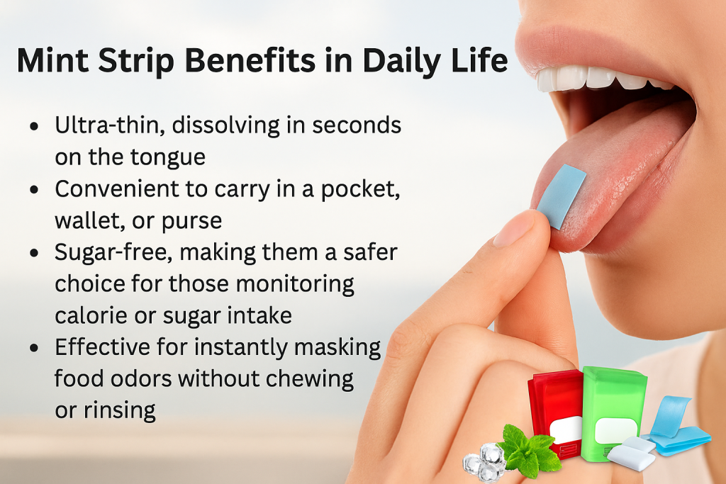 Mint strip benefits in daily life showing person using cool mint strip with pocket packs, sugar-free symbol, mint leaves, and ice cubes