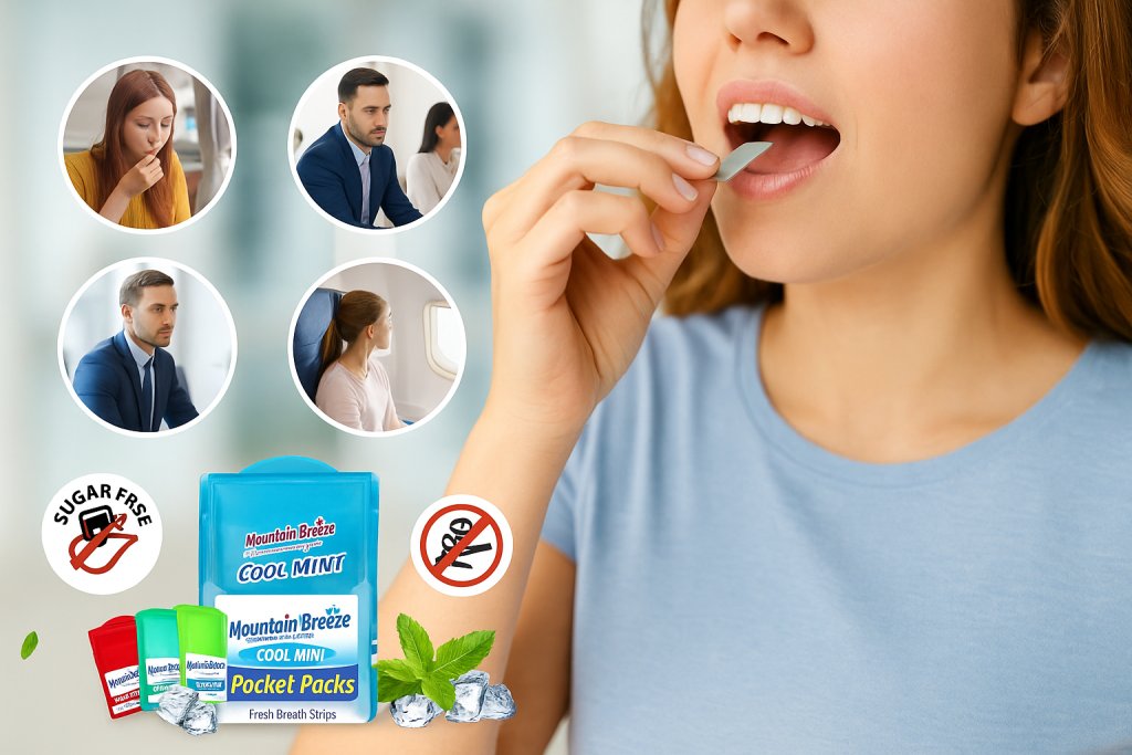 When to use cool mint strips shown with travel, meetings, meals, and social settings alongside Mountain Breeze pocket packs