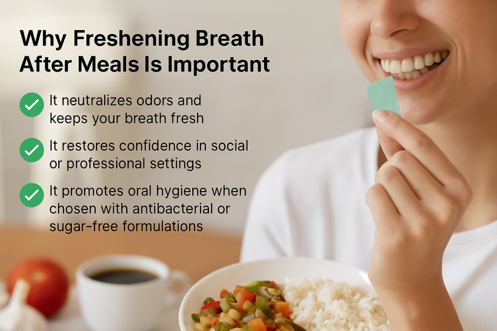 Woman using mint strip as mouth freshener after food with meal in background, showing benefits of fresh breath