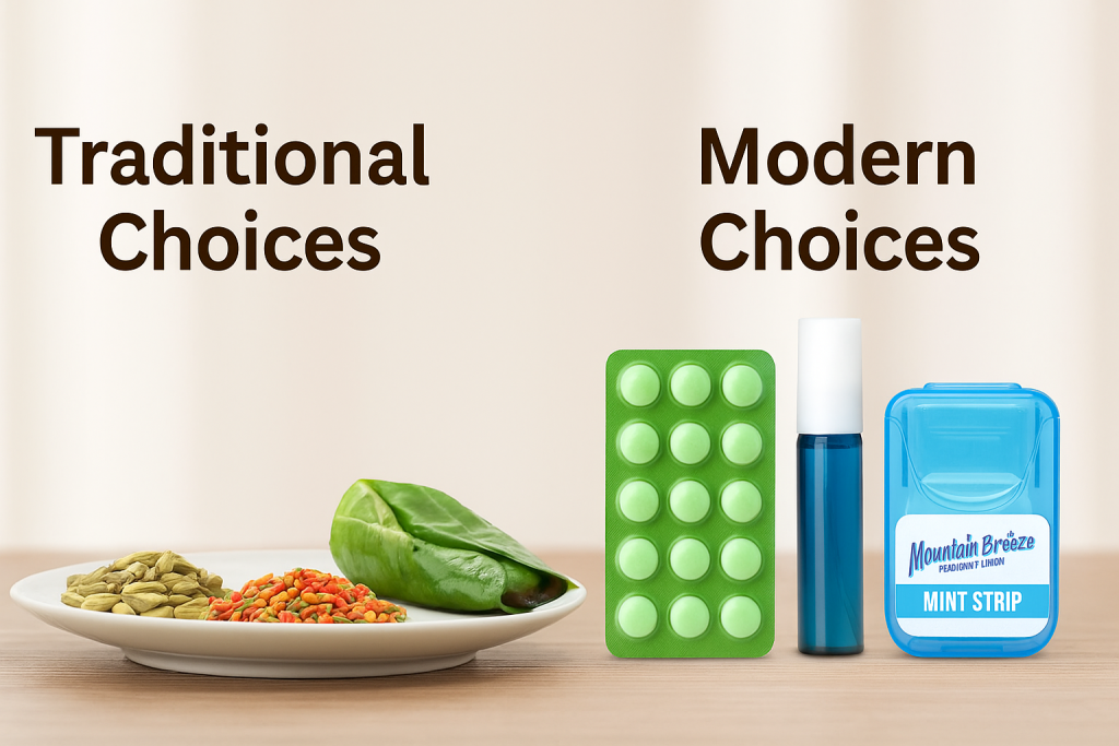 Traditional vs modern mouth fresheners with cardamom, fennel, paan on one side and chewing gum, mouth spray, cool mint strips on other side