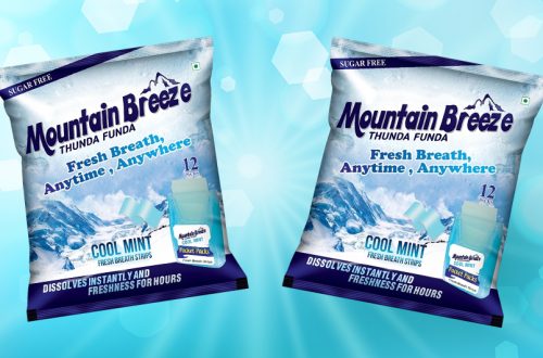 Mountain Breeze Cool Mint breath strips packaging on blue background