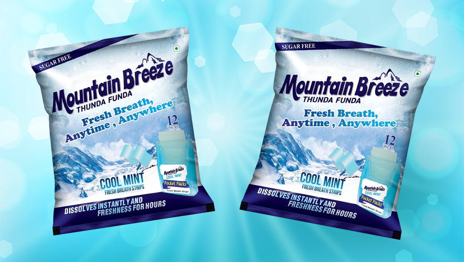 Mountain Breeze Cool Mint breath strips packaging on blue background