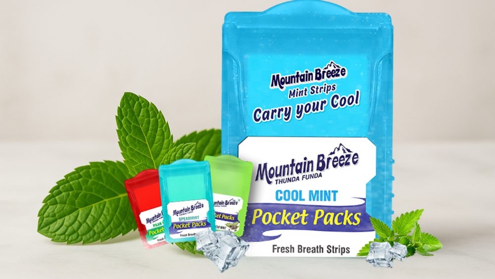 Mountain Breeze mint strips pocket packs with mint leaves and ice cubes