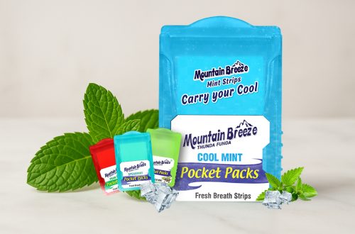 Mountain Breeze mint strips pocket packs with mint leaves and ice cubes