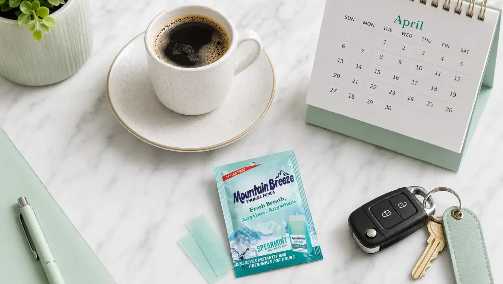 Best mouth freshener in India 2026 – Mountain Breeze breath strips flat lay with coffee and office essentials