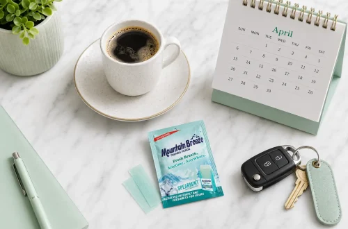 Best mouth freshener in India 2026 – Mountain Breeze breath strips flat lay with coffee and office essentials