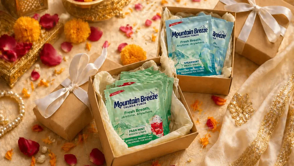 Mouth freshener gift idea for Indian weddings – Mountain Breeze breath strips packed as wedding return gifts with marigold petals