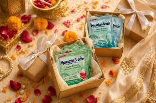 Mouth freshener gift idea for Indian weddings – Mountain Breeze breath strips packed as wedding return gifts with marigold petals