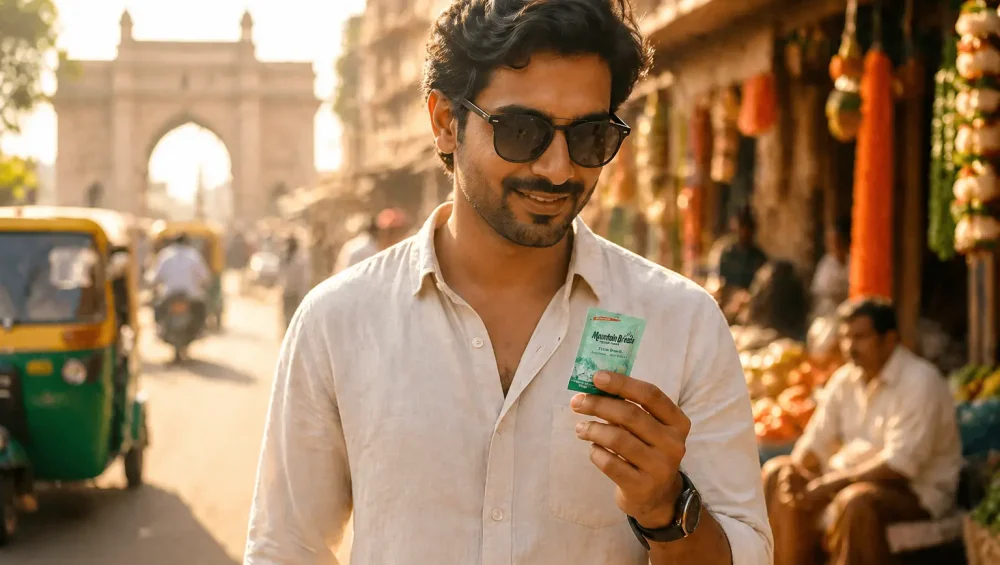 Mouth freshener in summer India – young professional using Mountain Breeze breath strips on a hot day
