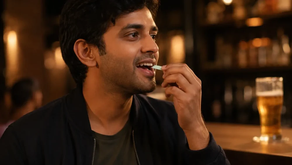 Mountain Breeze mouth freshener strip use karte hue beer ki smell hatane ke liye