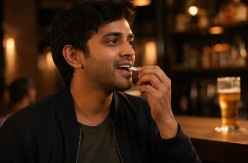 Mountain Breeze mouth freshener strip use karte hue beer ki smell hatane ke liye