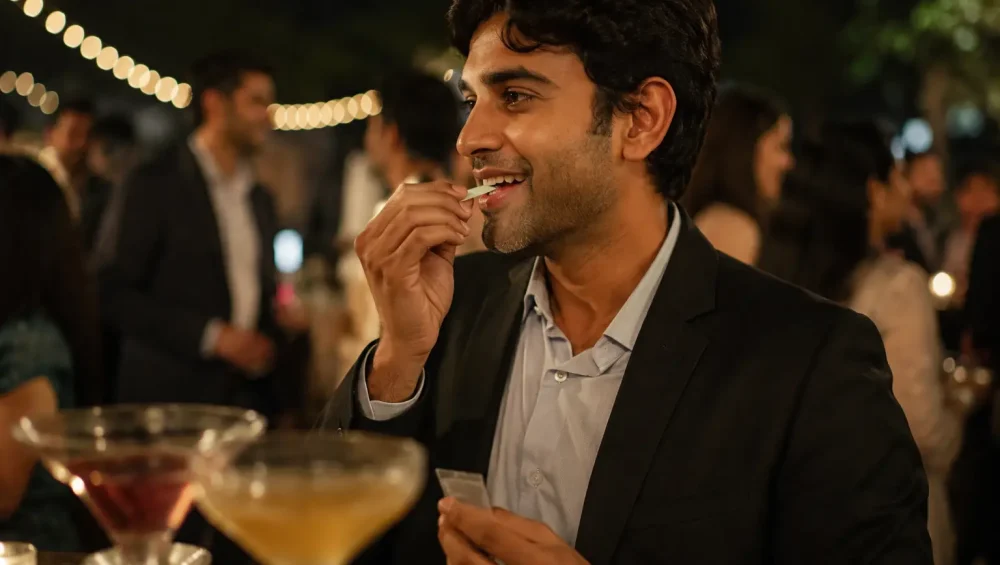 Person using Mountain Breeze mouth freshener strip after drinks at an office party with cocktails in the background