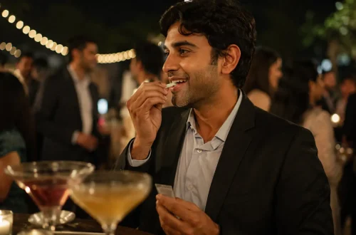 Person using Mountain Breeze mouth freshener strip after drinks at an office party with cocktails in the background