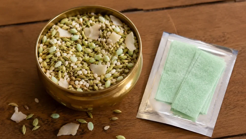 Traditional Indian mukhwas mix with fennel seeds, sesame, and sugar-coated fennel next to Mountain Breeze mouth freshener strips