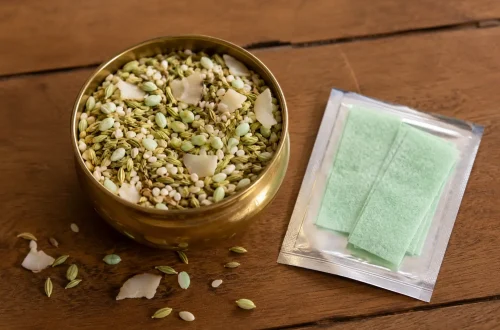 Traditional Indian mukhwas mix with fennel seeds, sesame, and sugar-coated fennel next to Mountain Breeze mouth freshener strips