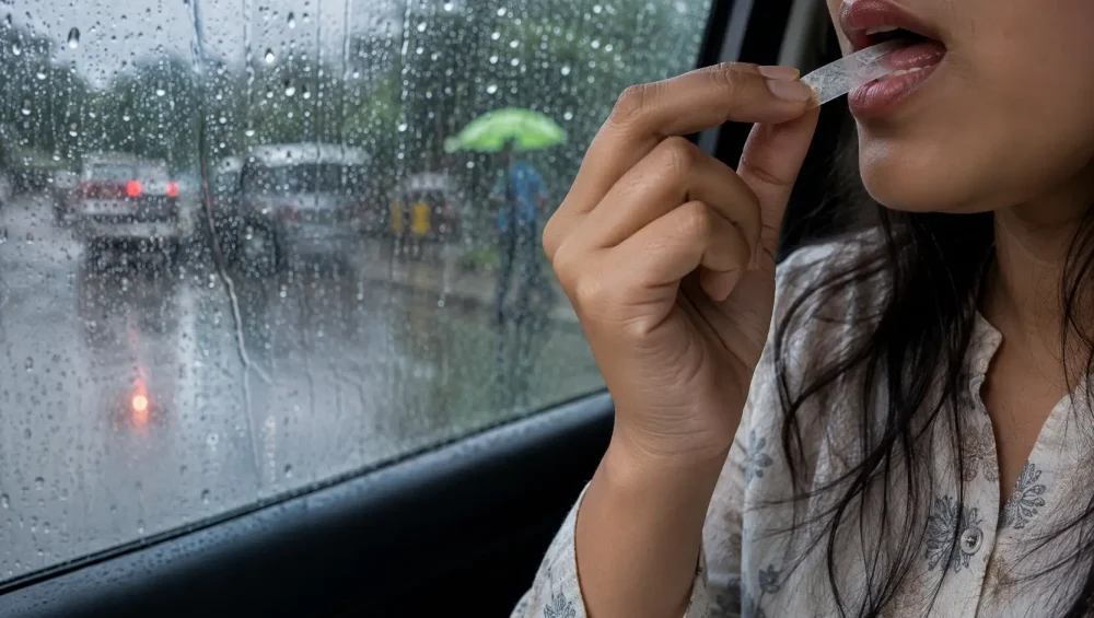 Woman using Mountain Breeze mouth freshener strip during monsoon rain to fight humidity-related bad breath