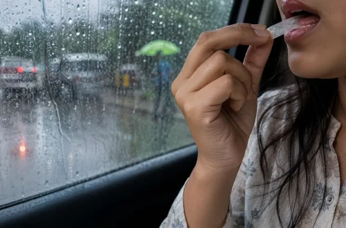 Woman using Mountain Breeze mouth freshener strip during monsoon rain to fight humidity-related bad breath