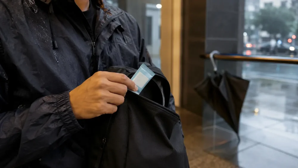 Man pulling out Mountain Breeze mouth freshener strips from bag during monsoon commute