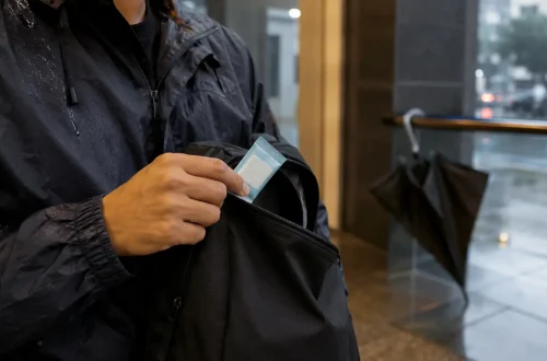 Man pulling out Mountain Breeze mouth freshener strips from bag during monsoon commute