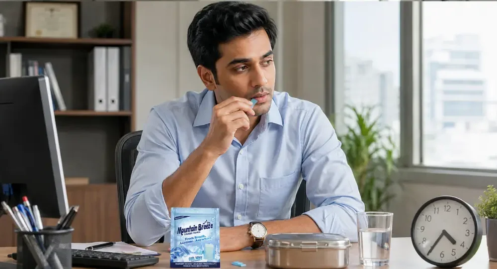 Indian professional skipping a meal with water and mouth freshener nearby during fasting