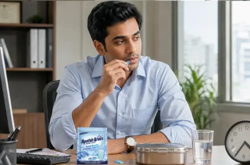 Indian professional skipping a meal with water and mouth freshener nearby during fasting