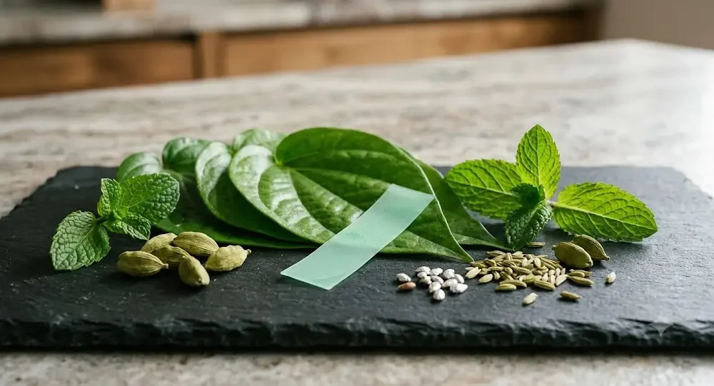 Paan-flavoured mouth freshener without tobacco or supari shown with fresh betel leaves and mint