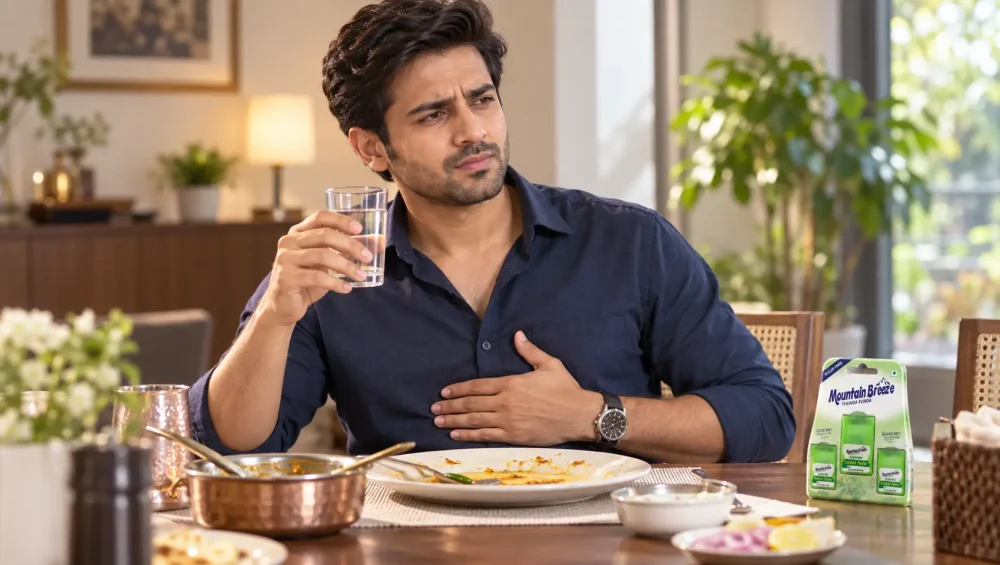Man experiencing bad breath and acid reflux symptoms after a meal