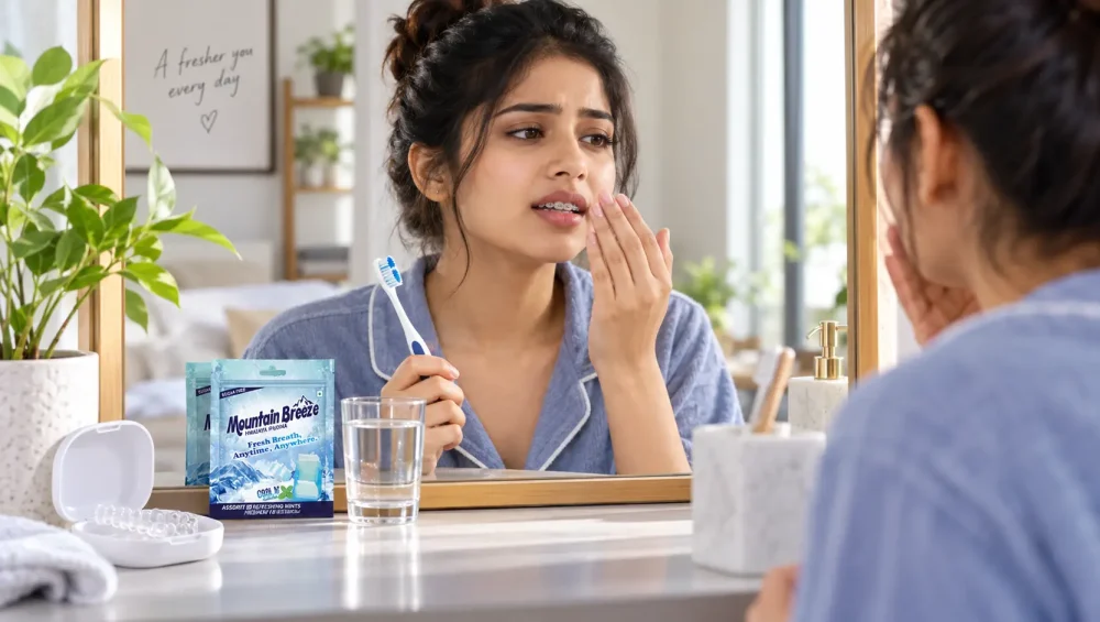 Young adult with braces managing bad breath and oral hygiene after a meal