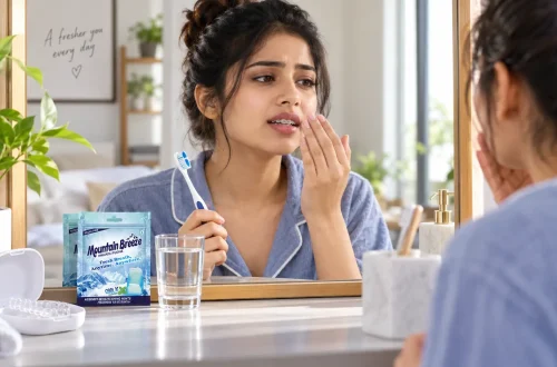 Young adult with braces managing bad breath and oral hygiene after a meal