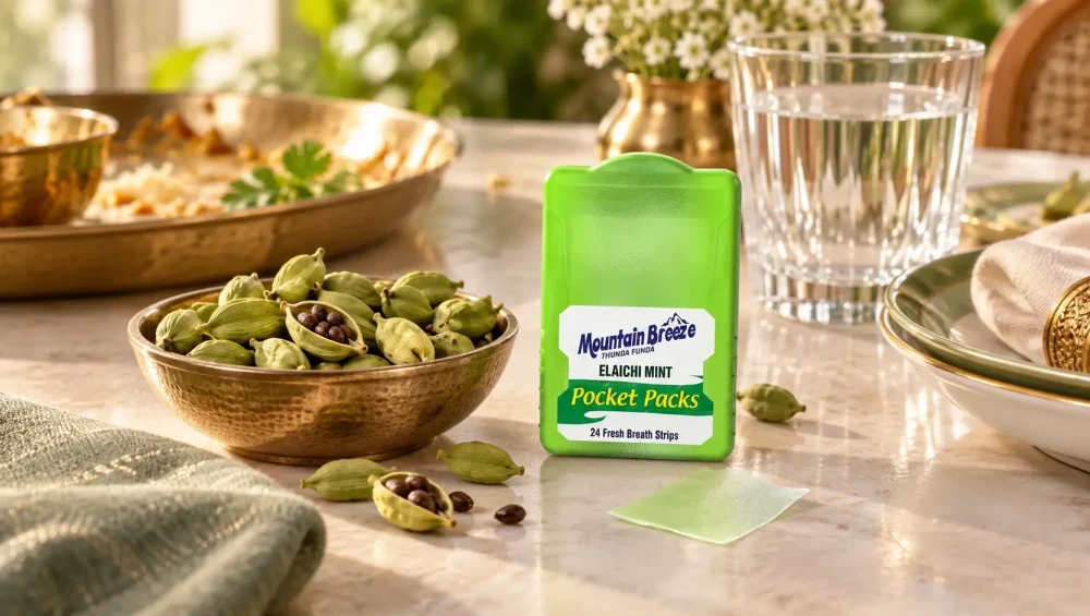 Elaichi mouth freshener strips compared with fresh green cardamom pods after a meal