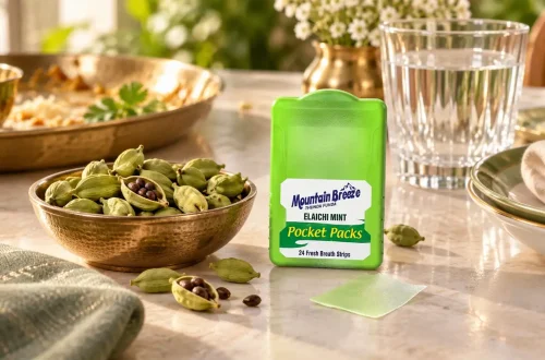 Elaichi mouth freshener strips compared with fresh green cardamom pods after a meal