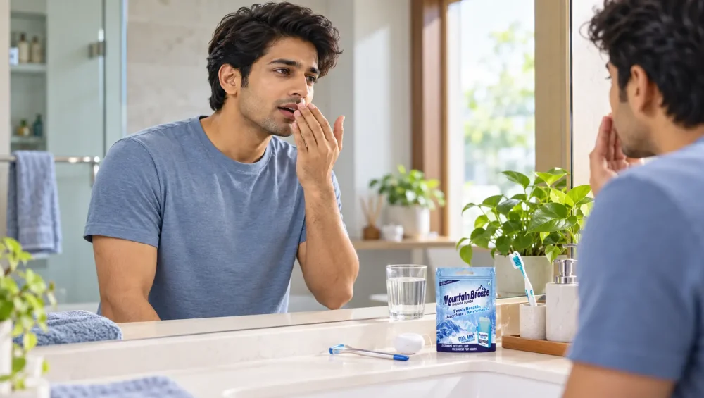 Young Indian adult checking for bad breath before leaving home