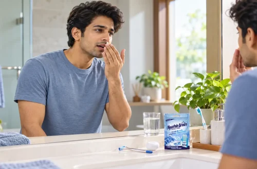 Young Indian adult checking for bad breath before leaving home