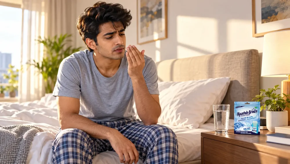 Young Indian adult waking with dry mouth and bad breath after sleeping with mouth open