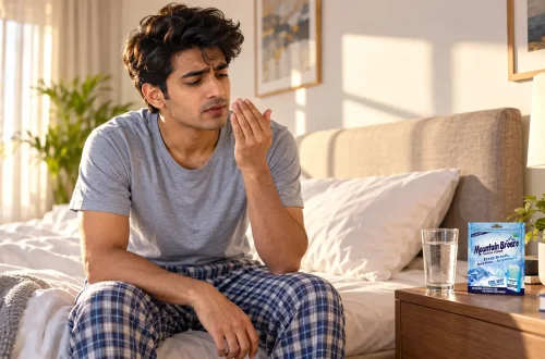 Young Indian adult waking with dry mouth and bad breath after sleeping with mouth open
