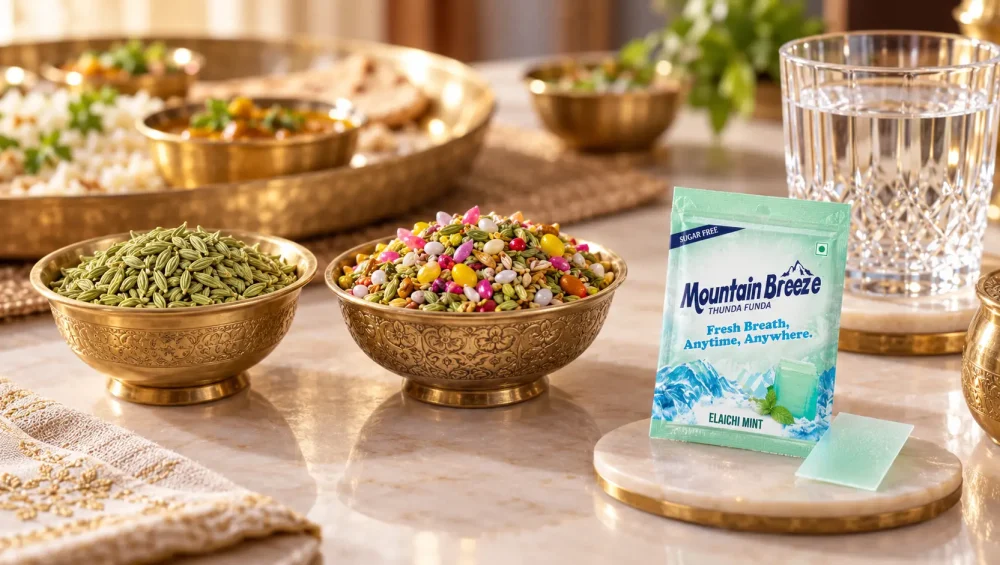 Plain saunf, sweet mukhwas and Mountain Breeze breath strips compared as after-meal mouth fresheners