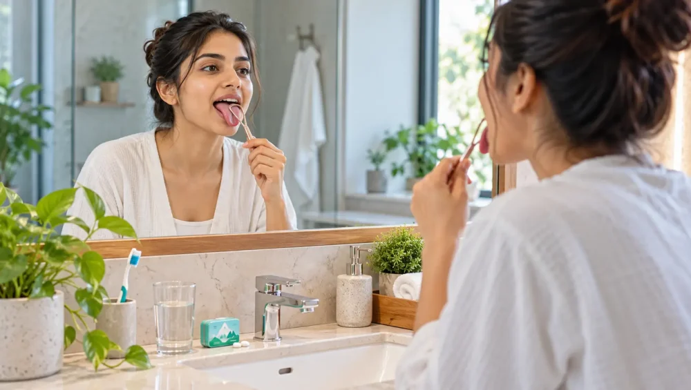 Young Indian adult using a tongue scraper for bad breath as part of an oral hygiene routine