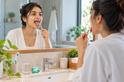 Young Indian adult using a tongue scraper for bad breath as part of an oral hygiene routine